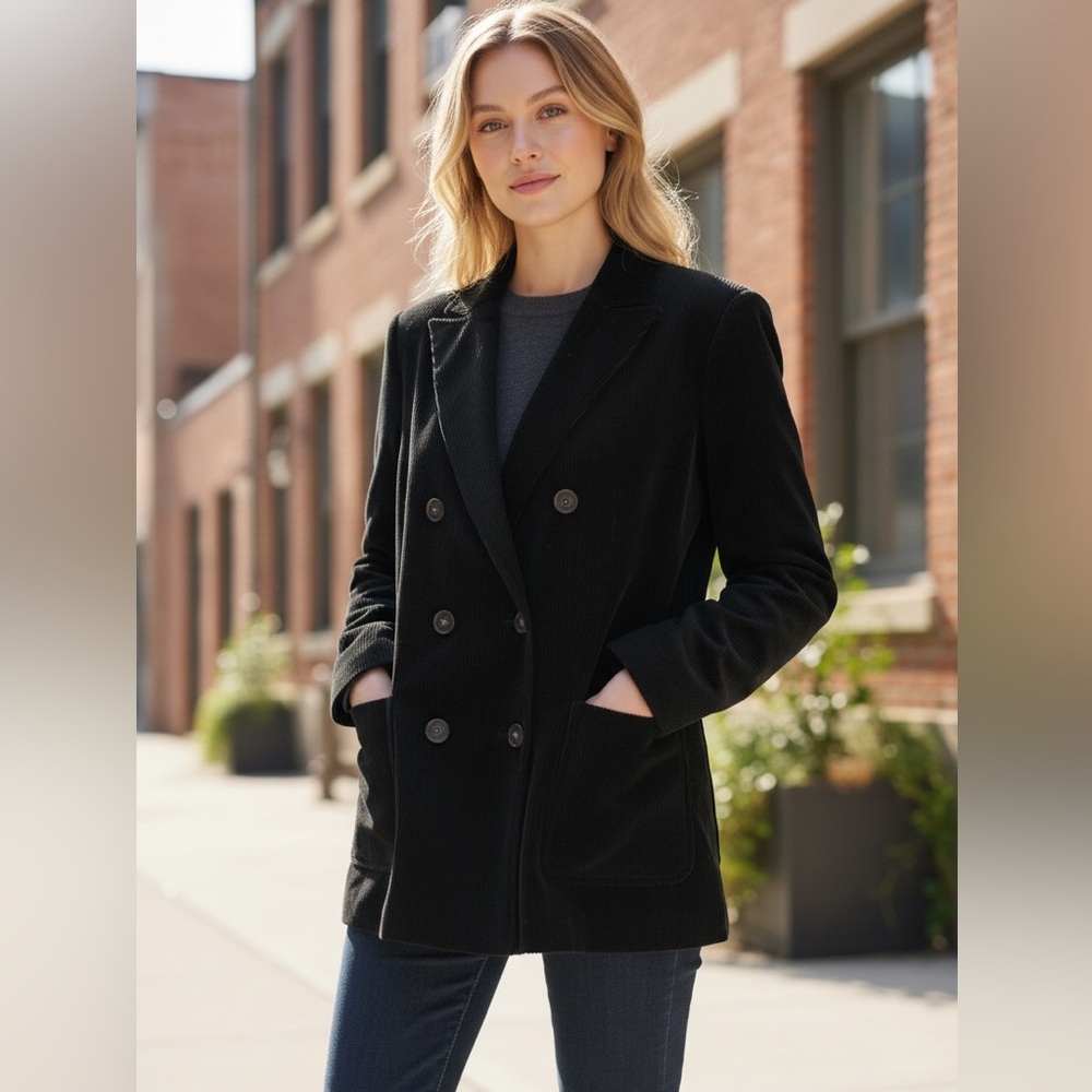 NWOT ZARA Double Breasted Corduroy Blazer Jacket Black Bloggers Fave Large